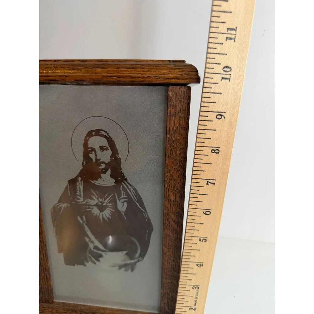 Handcrafted Solid Oak Sacred Heart Jesus Votive Candle Holder Etched Frost Glass